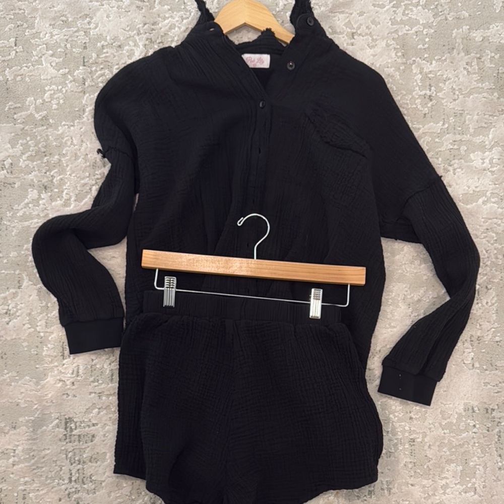 Pink lily textured Black Button-Up and short  Set